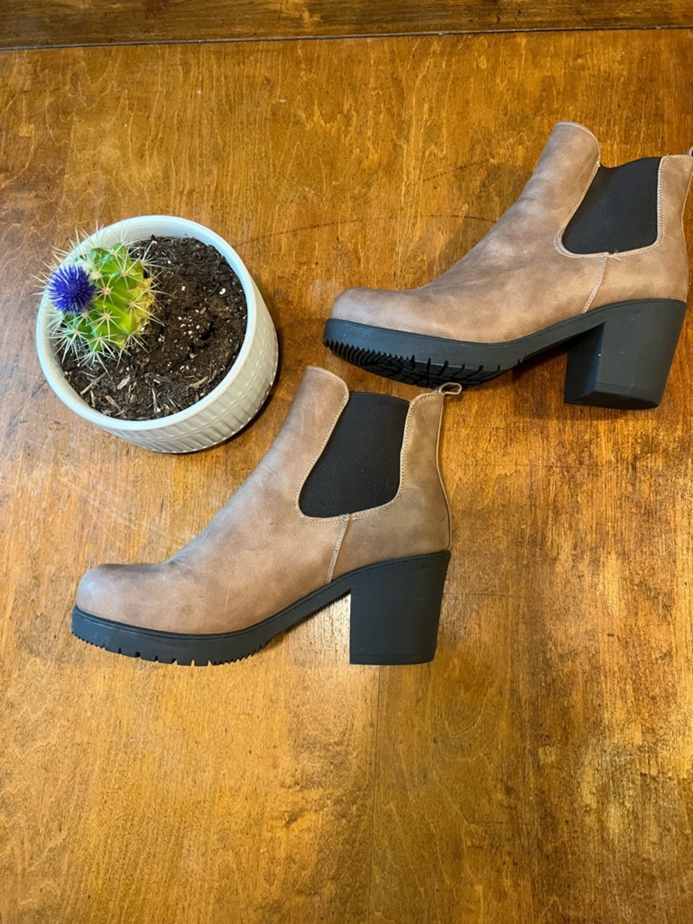 Taupe Chelsea Ankle Boots Women’s Size 9.5 Block Heel Slip-On Booties